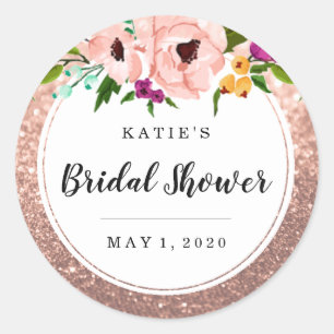 Bridal Shower Flower Crown Glitter Pink Rose Gold Classic Round Sticker