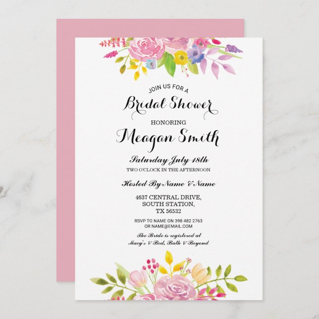 Bridal Shower Flowers Pink Pretty Invitations (Front/Back)