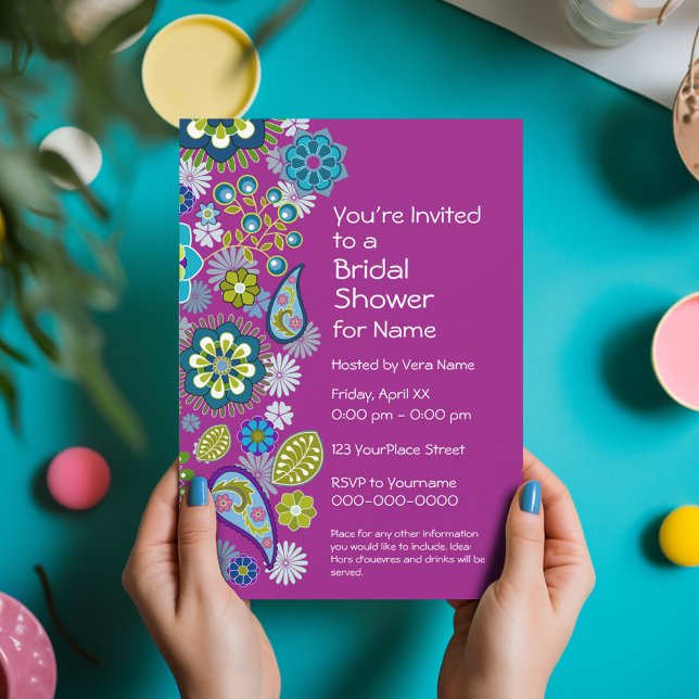 Bridal Shower - Fun Floral Pattern - magenta Invitation (Funky Floral Bridal Shower Invitation - Retro Flowers and Deep Colors)