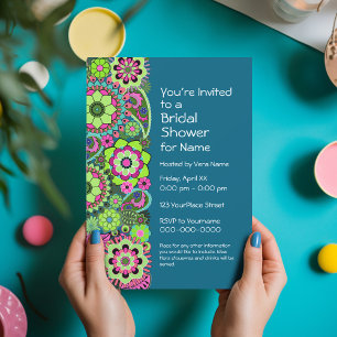 Bridal Shower: Fun Floral Pattern pink green teal Invitation