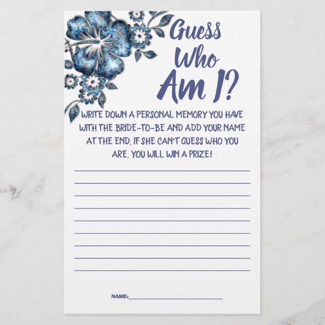 Bridal Shower Game Card Guess Who am I?  (Front)