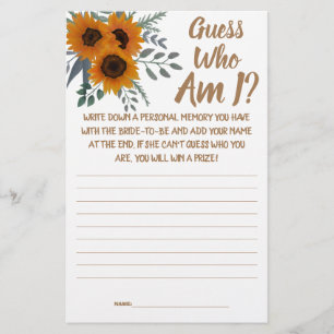 Bridal Shower Game Card Guess Who am I? 