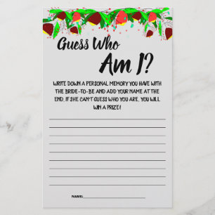 Bridal Shower Game Card Guess Who am I? Flyer