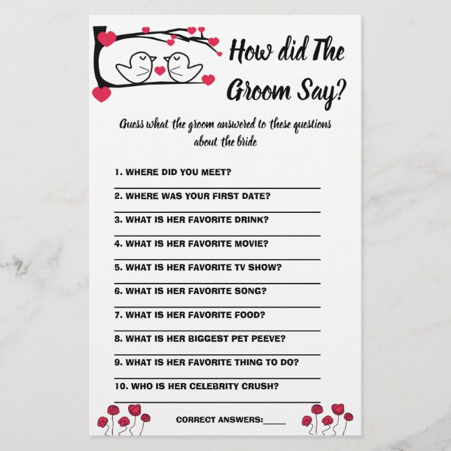  Bridal Shower Game Card What did the Groom Say (Front)