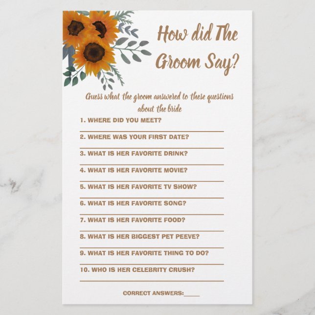  Bridal Shower Game Card What did the Groom Say (Front)