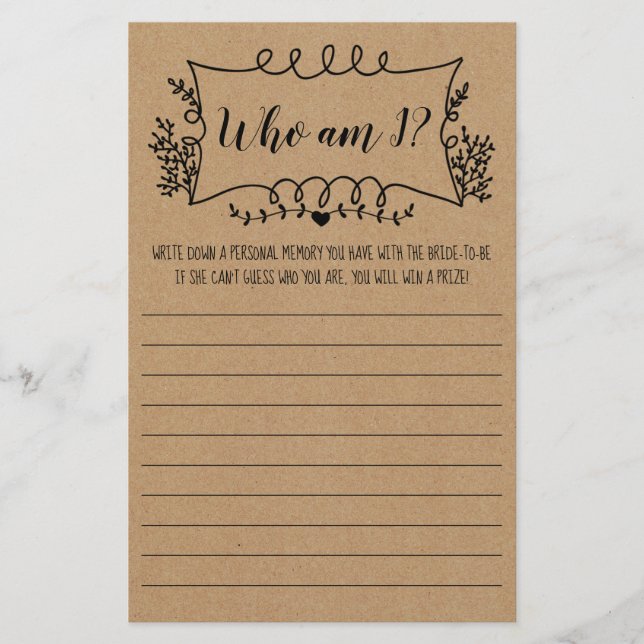 Bridal Shower Game Card Who am I  (Front)