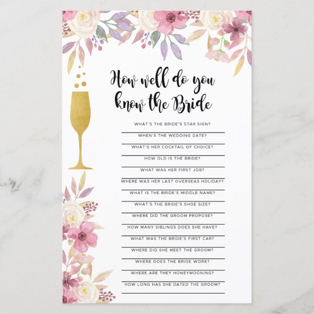 Bridal Shower Game Do You Know The Bride Champagne (Front)