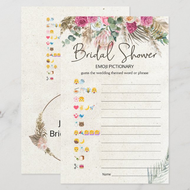 Bridal Shower Game Emoji Pictionary Pastel Boho  (Front/Back)