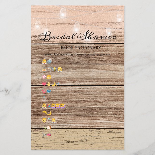 Bridal Shower Game Emoji Pictionary Rustic Wood (Front)