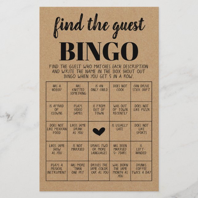 Bridal Shower Game Find the Guest Bingo Card (Front)