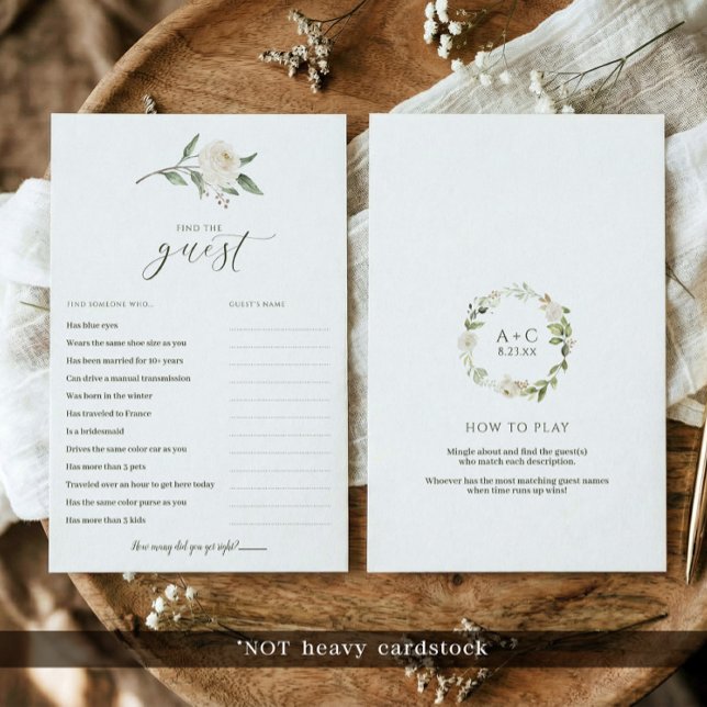 Bridal Shower Game - Find the Guest White Floral  (Printed bridal shower games - find the guest icebreaker game - white floral greenery.)
