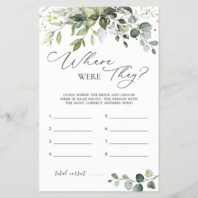 Bridal Shower Game Greenery Where Were They Flyer (Front)