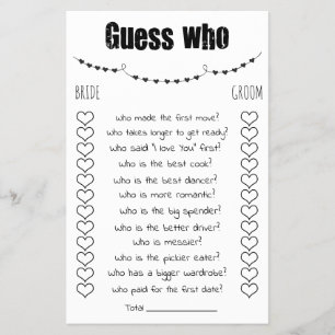 Bridal Shower Game Guess Who Card
