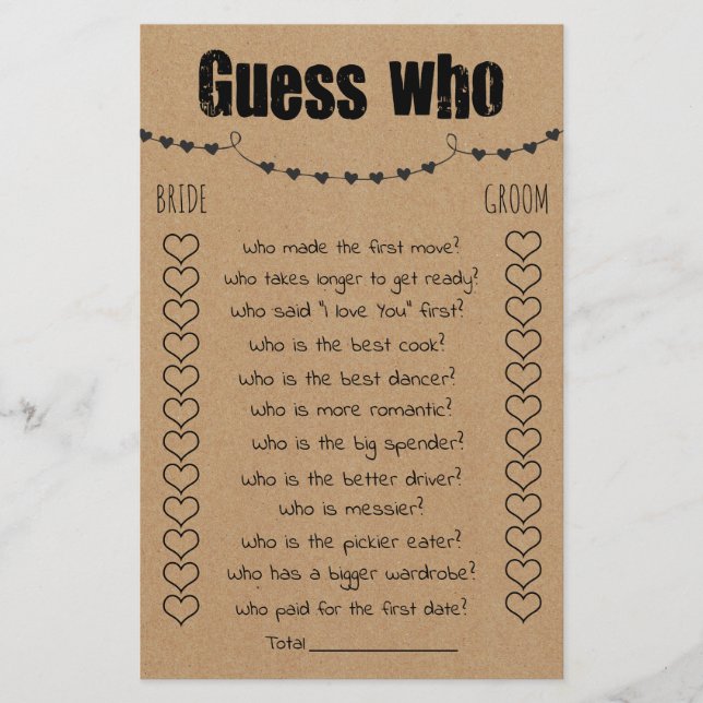 Bridal Shower Game Guess Who Card (Front)