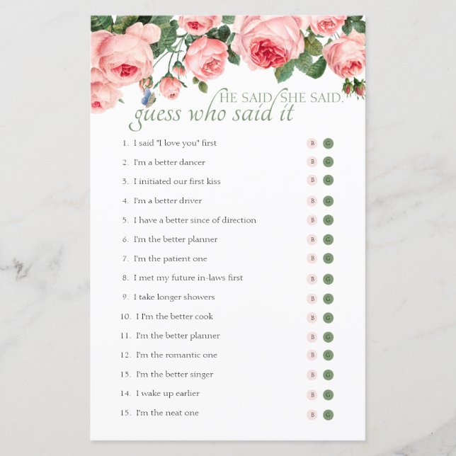 Bridal Shower Game Guess Who Said Blushing Rose (Front)