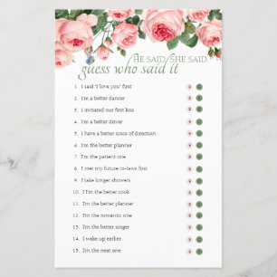 Bridal Shower Game Guess Who Said Blushing Rose