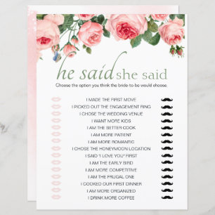 Bridal Shower Game He Said She Said Blushing Pink 