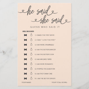 Bridal Shower Game He Said She Said Guess
