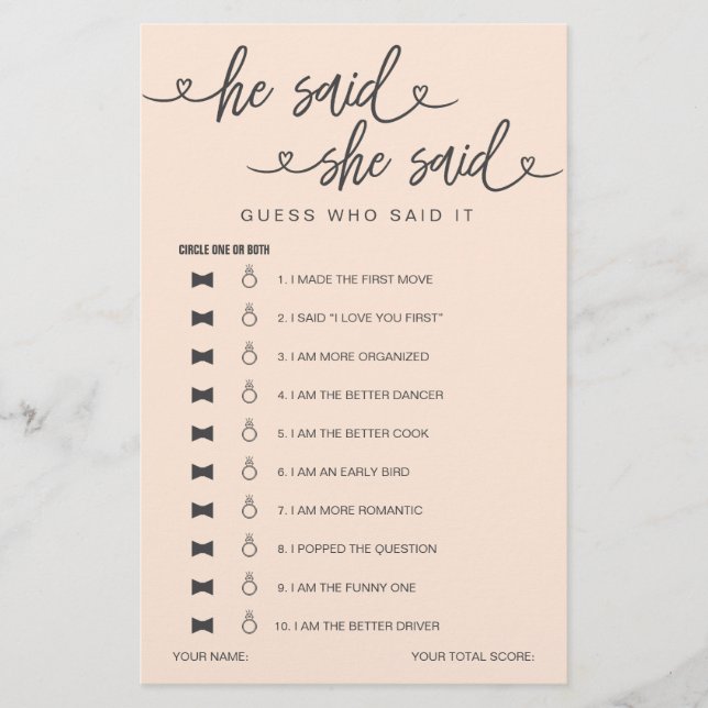 Bridal Shower Game He Said She Said Guess (Front)