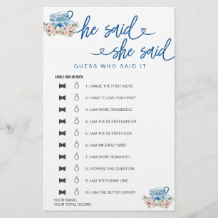 Bridal Shower Game He Said She Said Guess