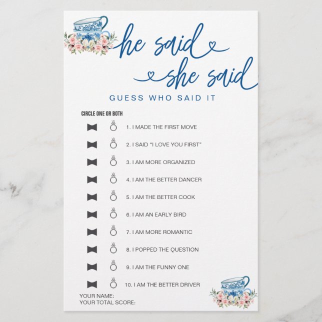 Bridal Shower Game He Said She Said Guess (Front)