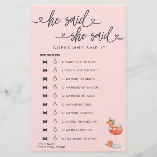 Bridal Shower Game He Said She Said Guess