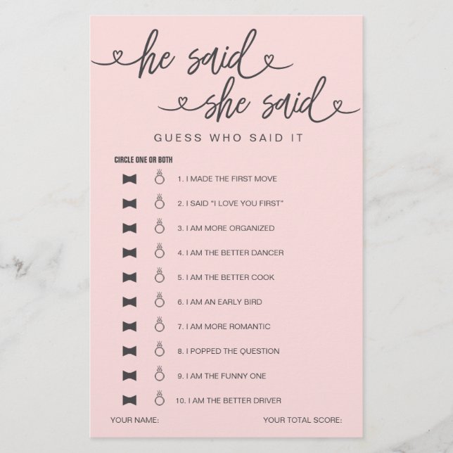 Bridal Shower Game He Said She Said Guess (Front)