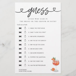 Bridal Shower Game He Said She Said Guess Aperol