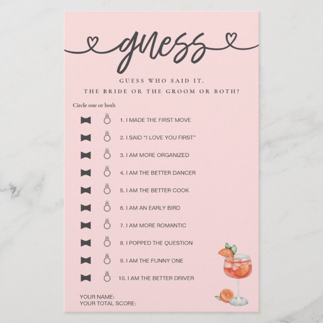 Bridal Shower Game He Said She Said Guess Aperol  (Front)