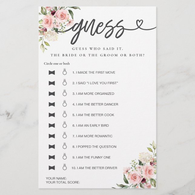 Bridal Shower Game He Said She Said Guess Roses (Front)