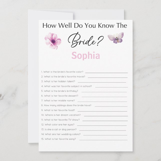 Bridal Shower Game How Well Do You Know The Bride Invitation (Front)