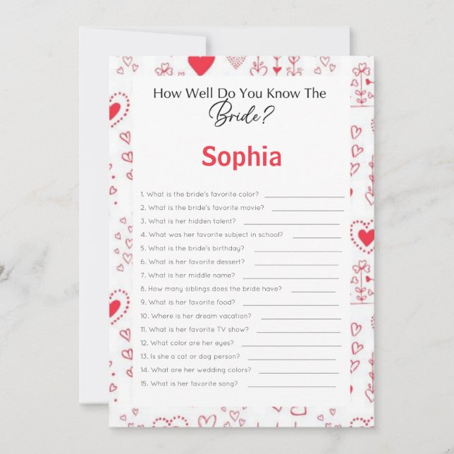 Bridal Shower Game How Well Do You Know The Bride Invitation (Front)