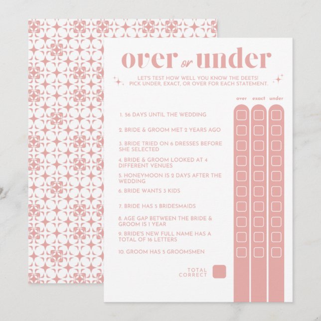 Bridal Shower Game - Over or Under Programme (Front/Back)