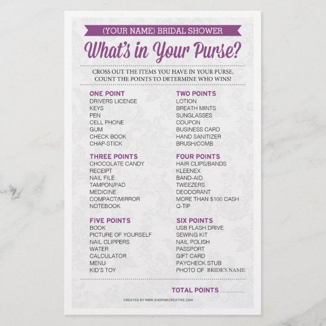 Bridal Shower Game / Personalised / Purse Raid (Front)