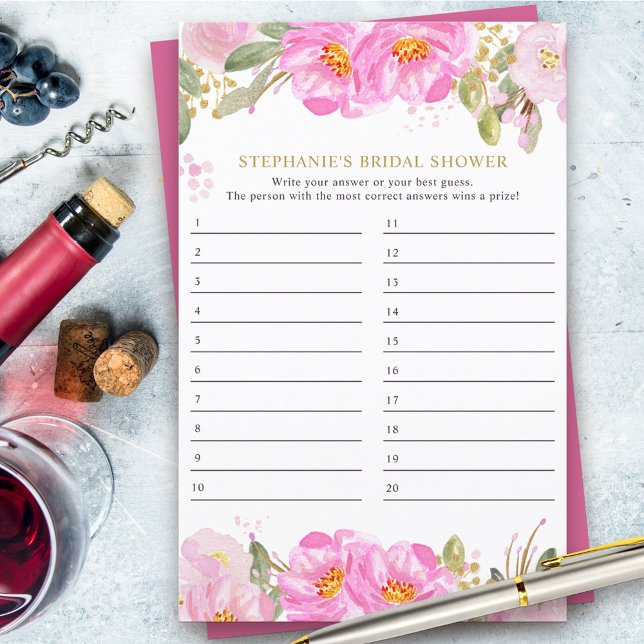 Bridal Shower Game Pink Floral Answer Card (Bridal Shower Game answer card from my Pink and Gold Watercolor Floral Collection)