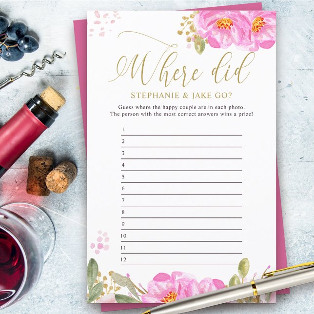 Bridal Shower Game Pink Floral Where did they go? (Couples Shower photo game answer card from my Pink and Gold Watercolor Floral Collection)