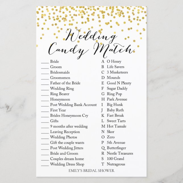 Bridal Shower Game - Wedding Candy Game & Answer (Front)