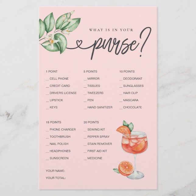 Bridal Shower Game What is in Your Purse? (Front)