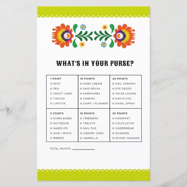 Bridal Shower Game What's In Your Purse Fiesta (Front)