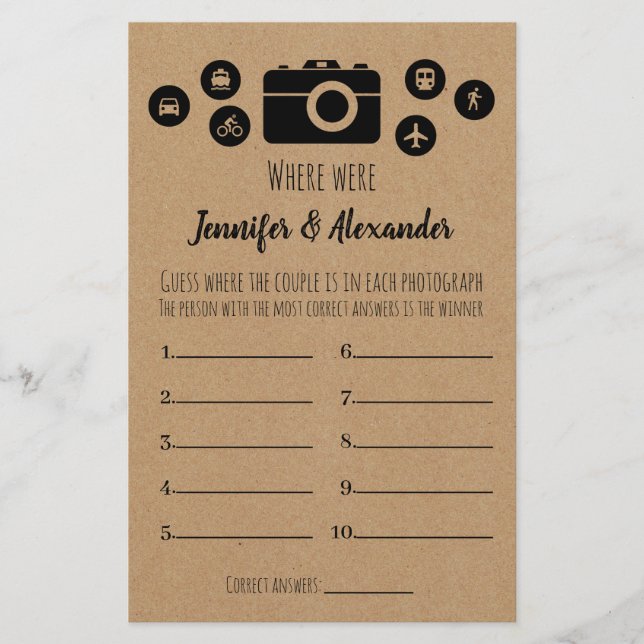 Bridal Shower Game Where Were They Card (Front)