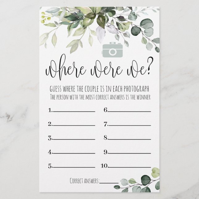 Bridal Shower Game Where Were We Card (Front)