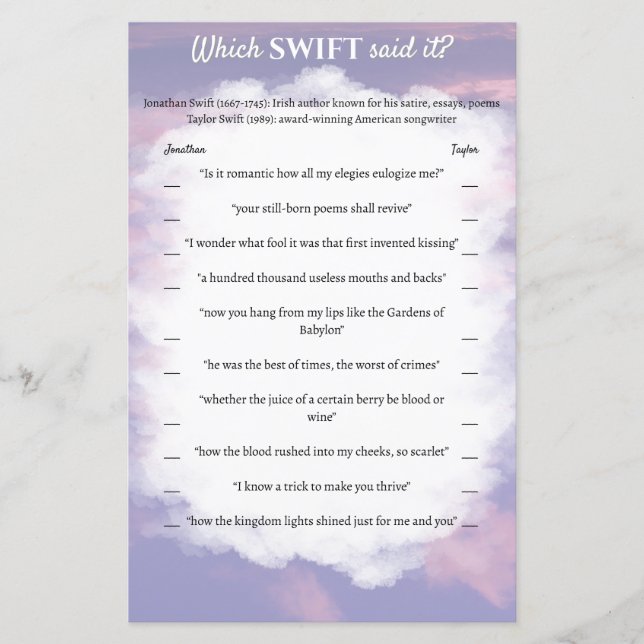 Bridal Shower Game "Which Swift Said It?" (Front)