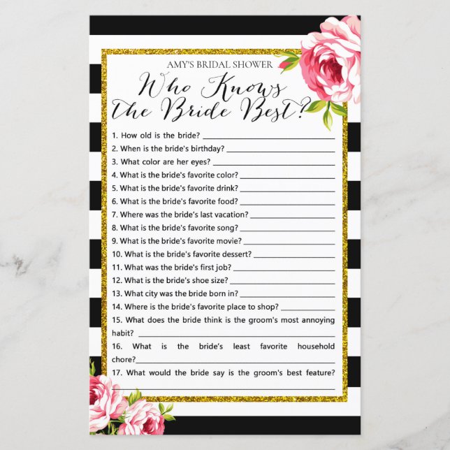 Bridal Shower Game - Who knows Bride Best (Front)