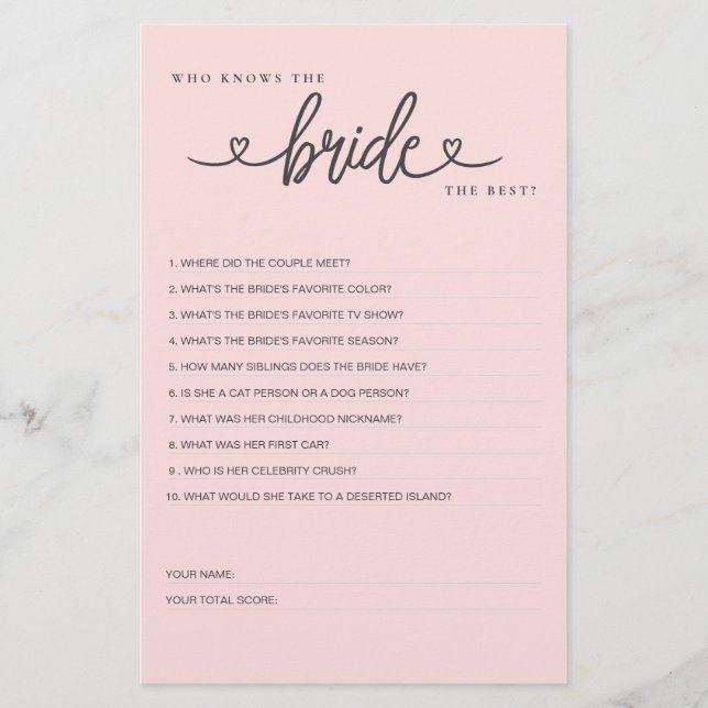 Bridal Shower Game Who Knows the Bride the Best? (Front)