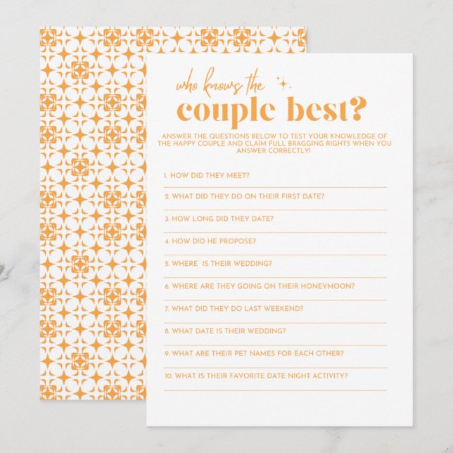Bridal Shower Game - Who Knows the Couple Best Programme (Front/Back)