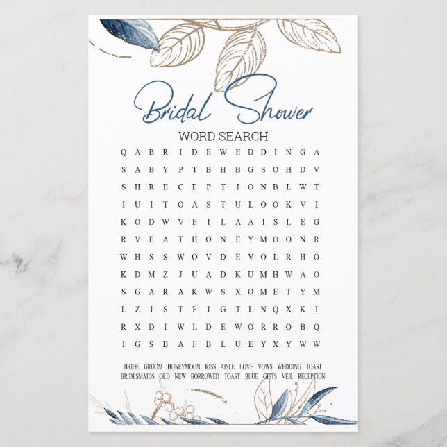 Bridal Shower Game Word Search Blue Gold Floral (Front)