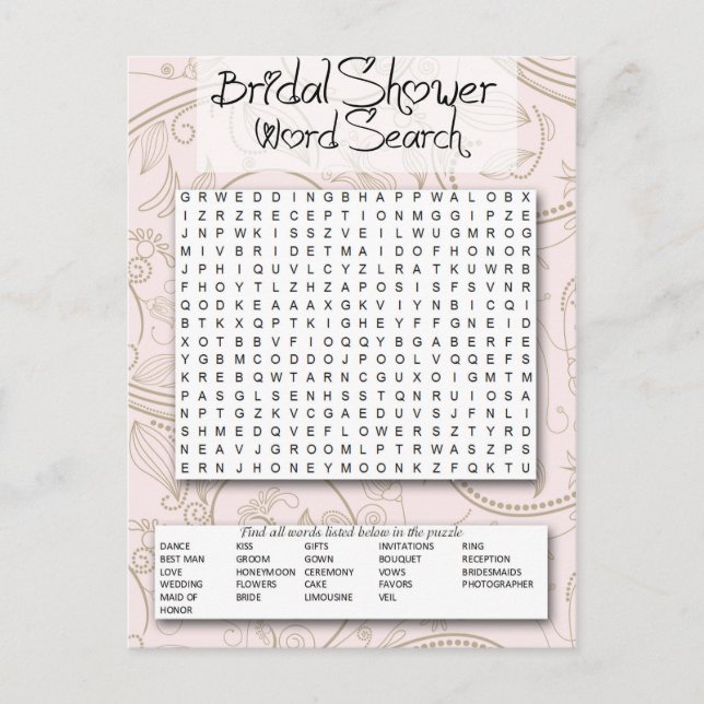 Bridal Shower game, Word SEarch Invitation Postcard (Front)