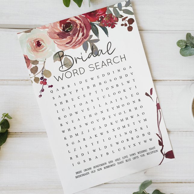Bridal Shower Game Word Search Red Blush Roses (Creator Uploaded)