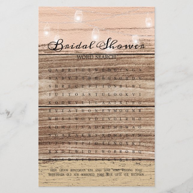 Bridal Shower Game Word Search Rustic Wood Lantern (Front)