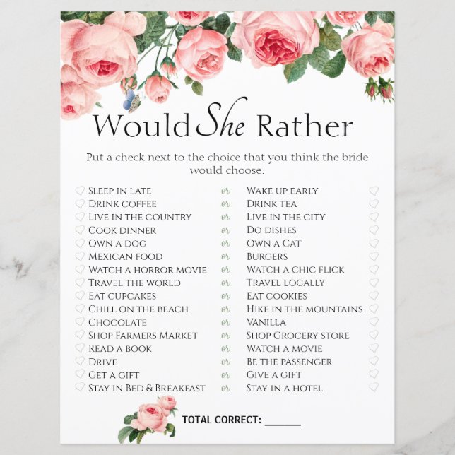 Bridal Shower Game Would She Rather Blushing Rose (Front)